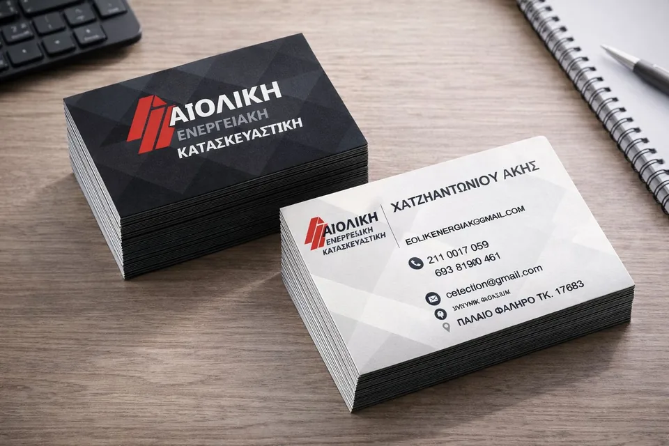 Ασπρόμαυρες επαγγελματικές κάρτες τεχνικής εταιρείας με κόκκινο λογότυπο