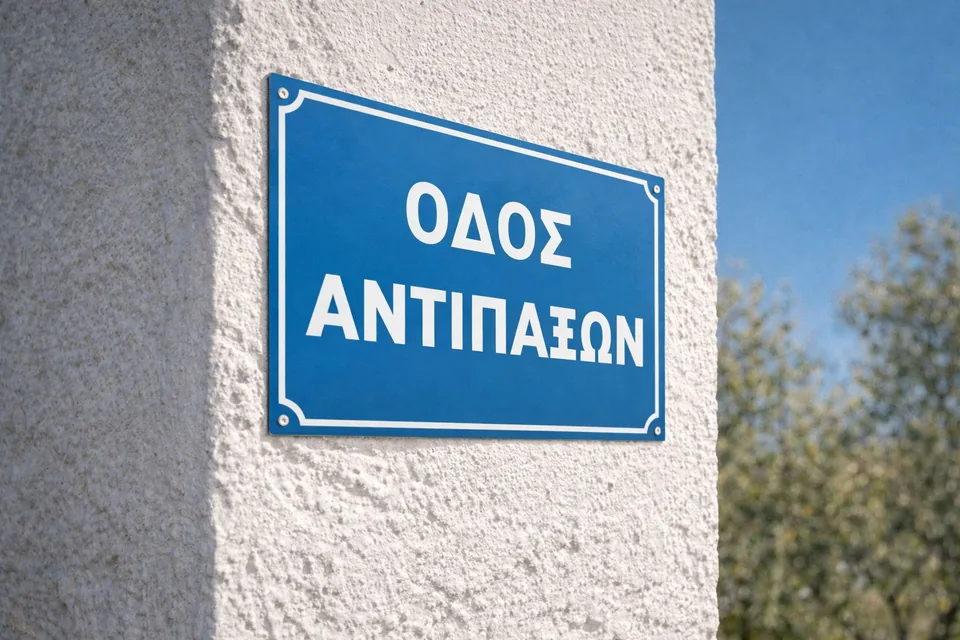 Μπλε μεταλλική πινακίδα οδού Αντιπάξων