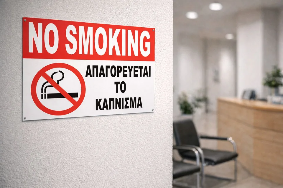 Κόκκινη και λευκή πινακίδα απαγόρευσης καπνίσματος
