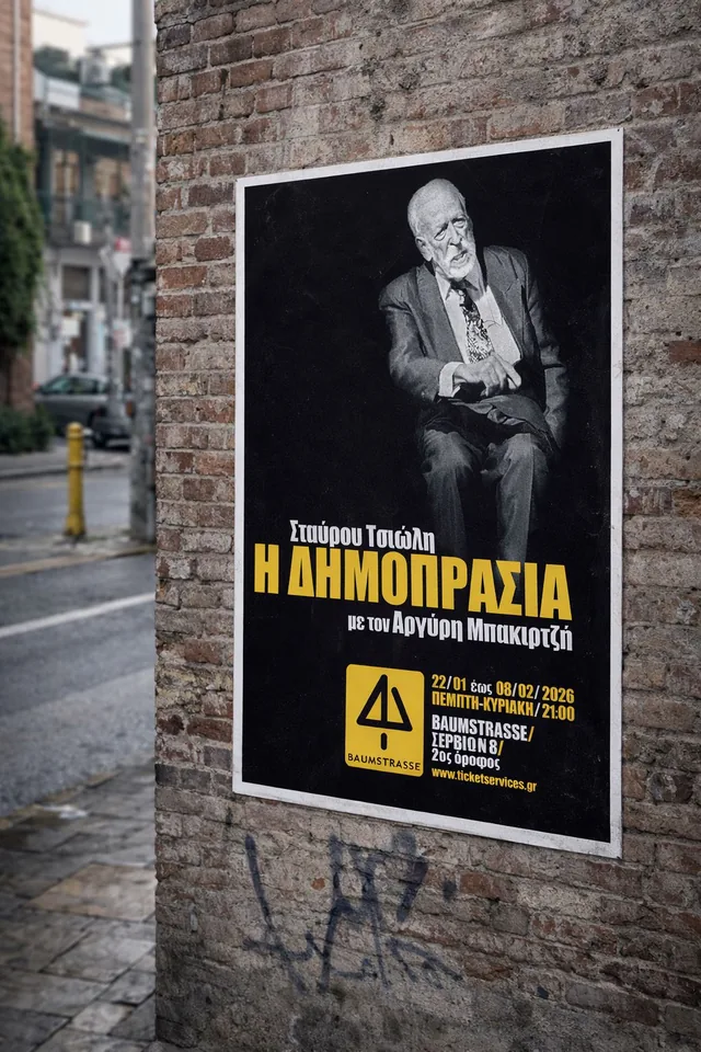 Μαύρη και κίτρινη αφίσα θεατρικής παράστασης σε εξωτερικό τοίχο